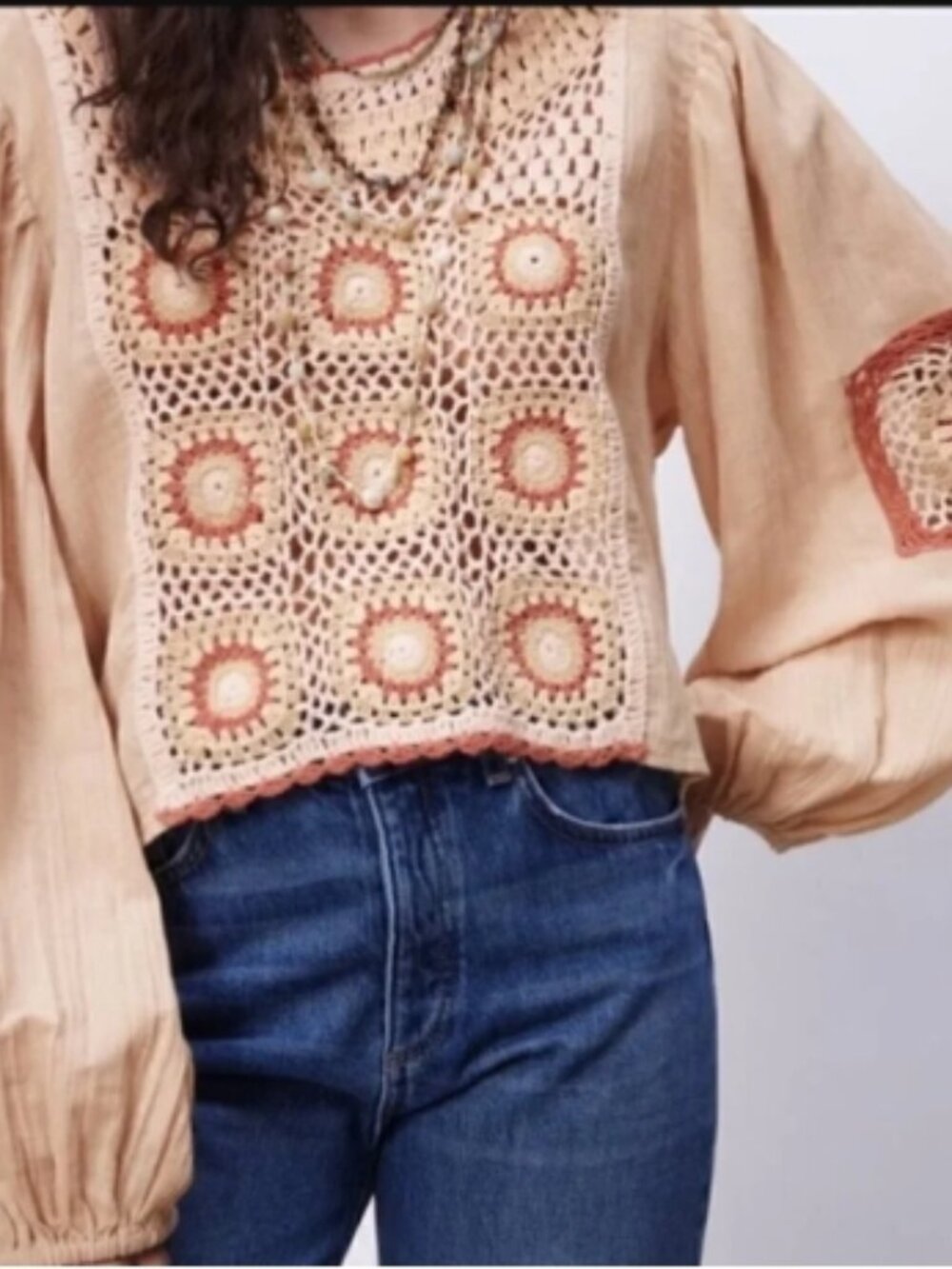 Zara Granny Square Crochet Medallion Front Full Sleeve Cropped Blouse Beige